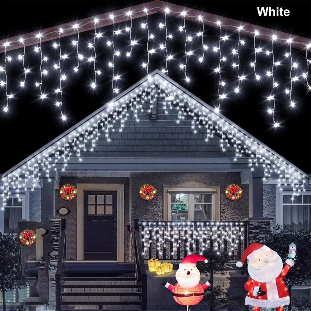 NEW 2024 Christmas Decorations Lights Solar Icicle Curtain Lights 8 Modes Outdoor Waterproof Garden Party New Year Decoration