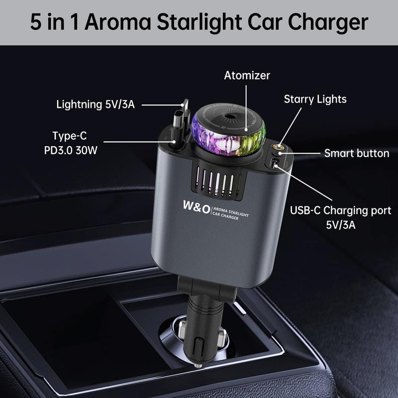 5-In-1 Smart Car Charger Aromatic Starlight in Car Roof Retractable Car Charger Scented Car Air Freshener Fast Car Charger with Starlight Starlight in Car Roof Fast Charging Adapter