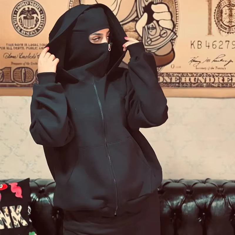 Double-Hood Balaclava Hoodie – Unisex Zip-Up Sweatshirt