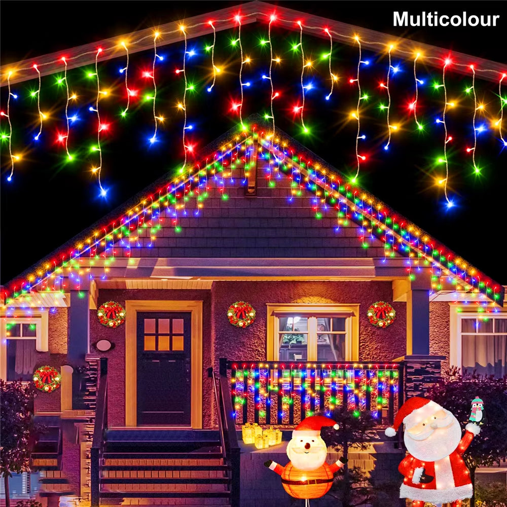 NEW 2024 Christmas Decorations Lights Solar Icicle Curtain Lights 8 Modes Outdoor Waterproof Garden Party New Year Decoration