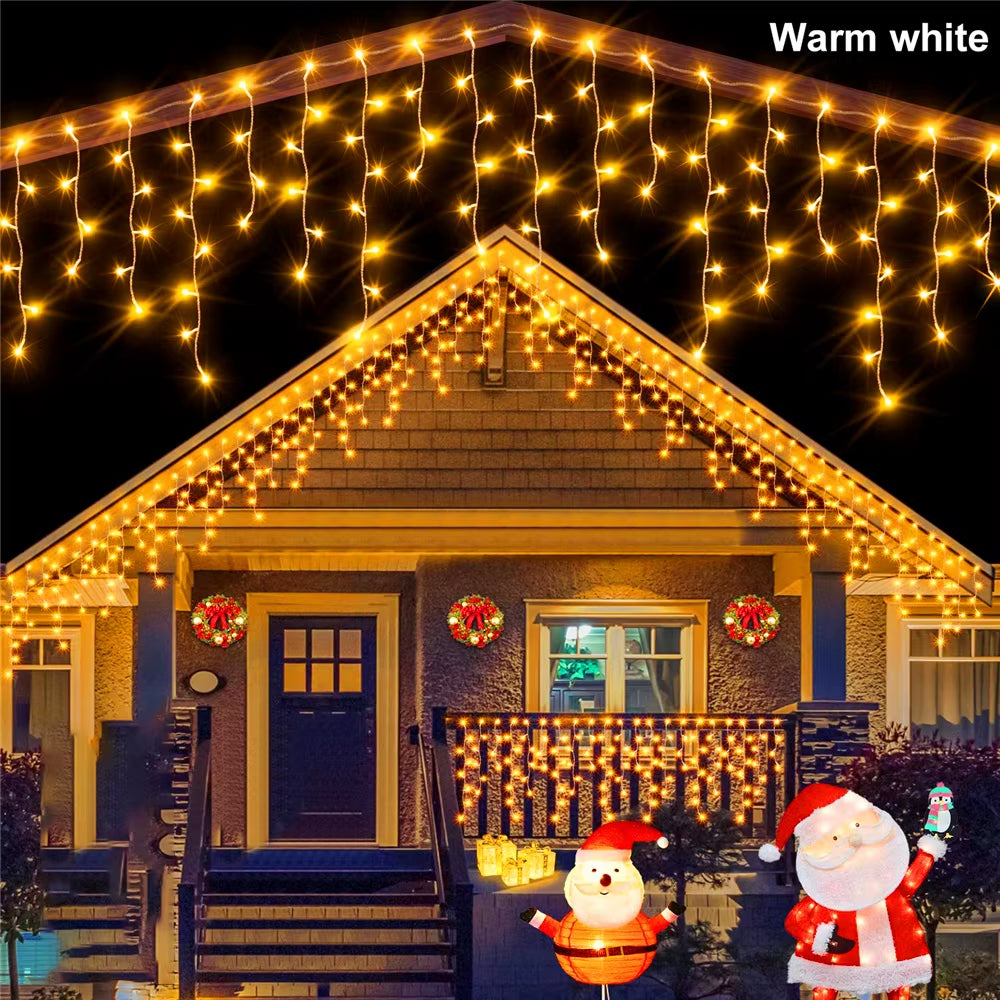 NEW 2024 Christmas Decorations Lights Solar Icicle Curtain Lights 8 Modes Outdoor Waterproof Garden Party New Year Decoration