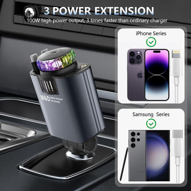 5-In-1 Smart Car Charger Aromatic Starlight in Car Roof Retractable Car Charger Scented Car Air Freshener Fast Car Charger with Starlight Starlight in Car Roof Fast Charging Adapter